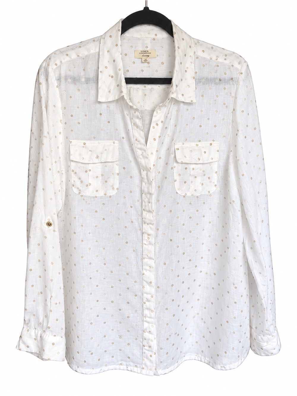 Charter Club Luxury Linen Shirt XL White Gold Polka Dot Button Dow